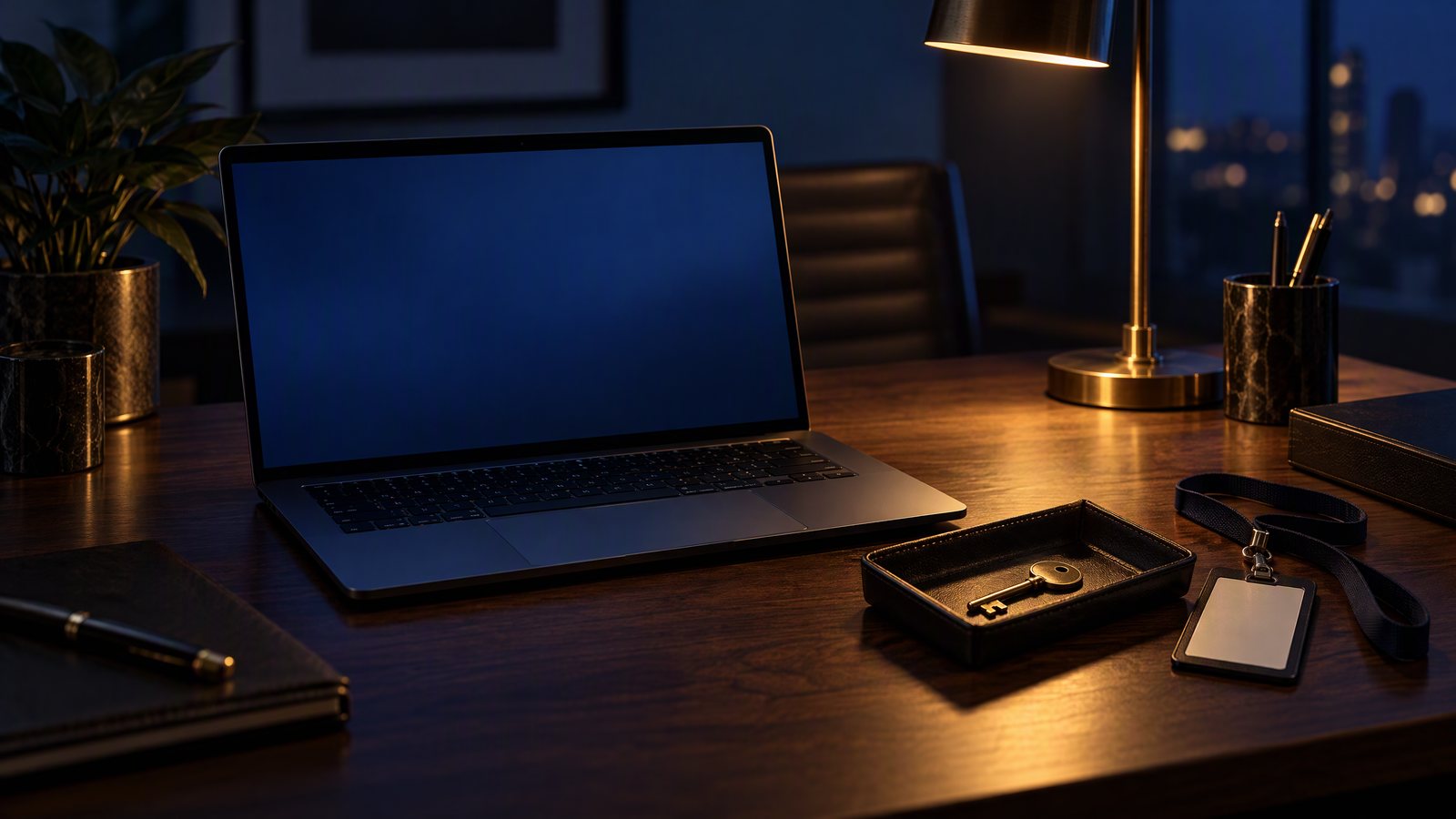 Illustration, AI-generated: a laptop left open on a desk at night, beside a key in a leather tray and an unused access badge on its lanyard