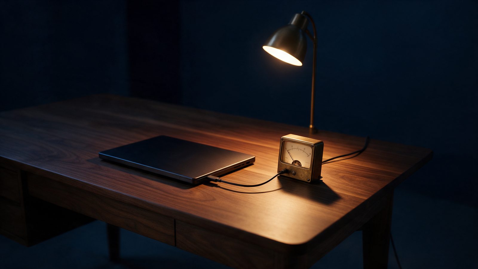Illustration, AI-generated: a closed laptop on a desk at night, wired into a brass meter whose needle has just started to rise